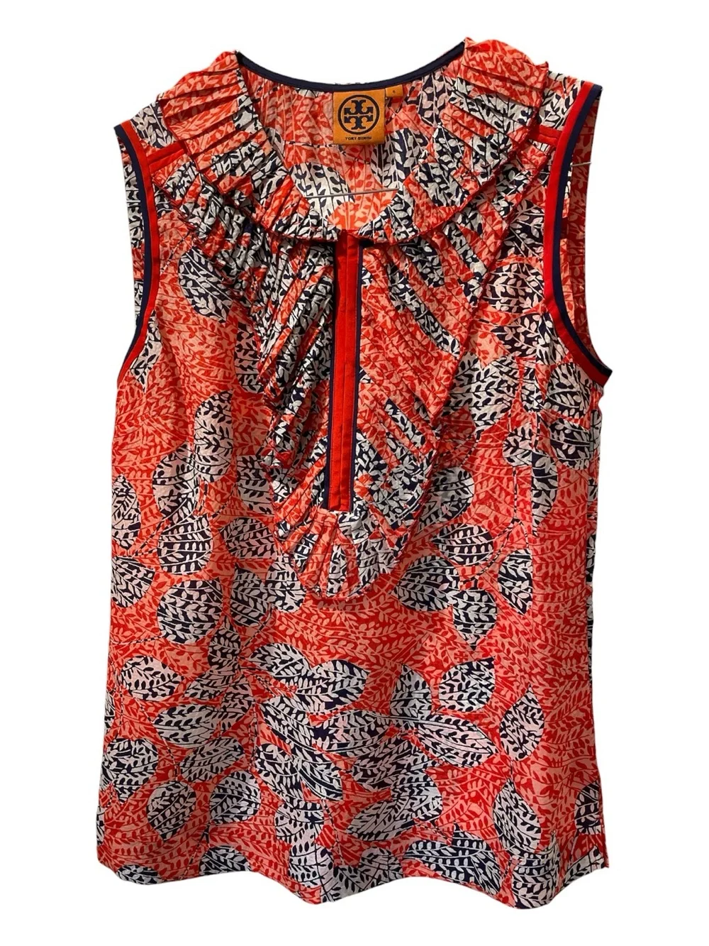 Tory Burch Coral and Navy Leaf-Print Ruffle Sleeveless Top